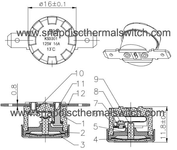 13 Deg C Bimetallic Snap Disc Thermal Switch , Resettable Thermal