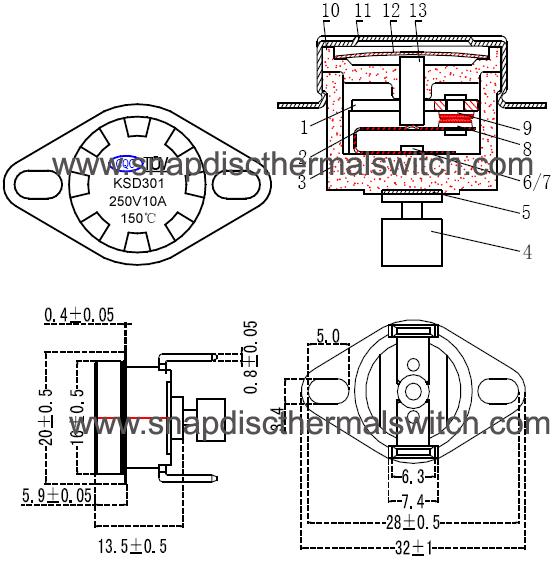 TUV 250V 10A 150 Degrees Celsius Manual Reset Thermal Switch For Micro Oven